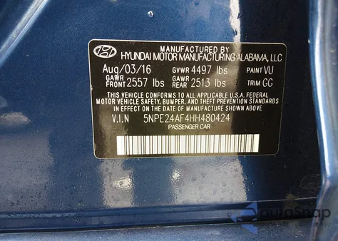 2017 Hyundai Sonata Se z USA, uszkodzony, nr VIN 5NPE24AF4HH480424